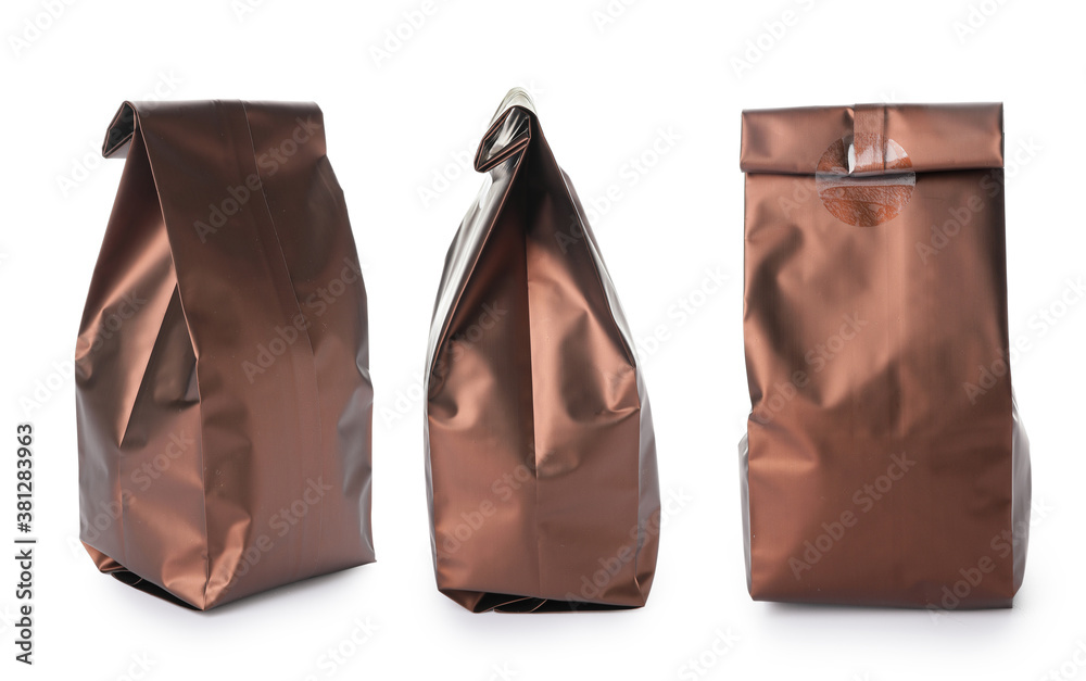 Paper bags for coffee on white background