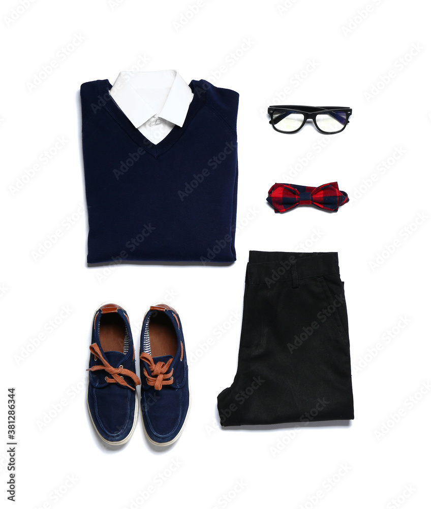 Stylish school uniform on white background