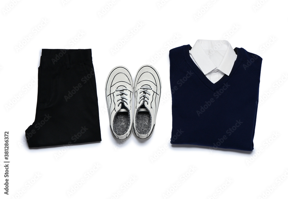 Stylish school uniform on white background