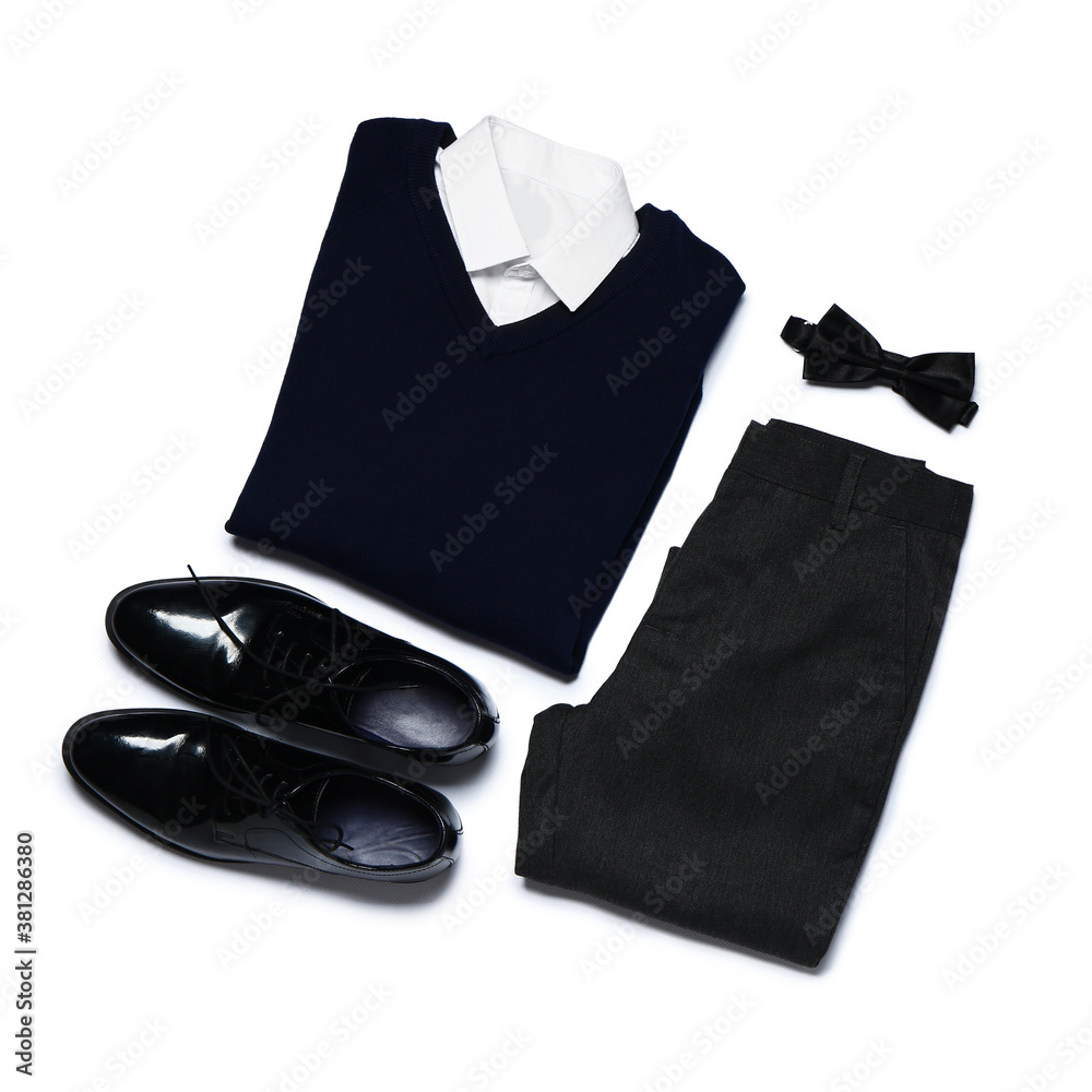 Stylish school uniform on white background