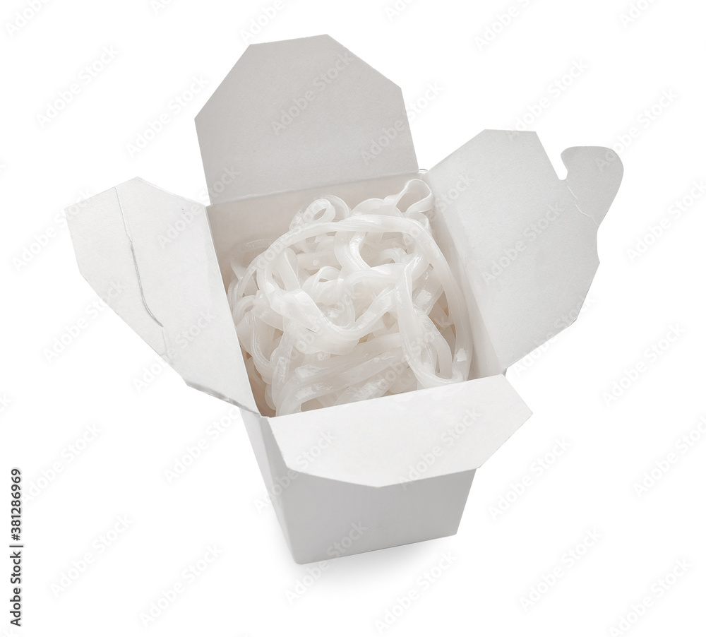 Box with with tasty rice noodles on white background