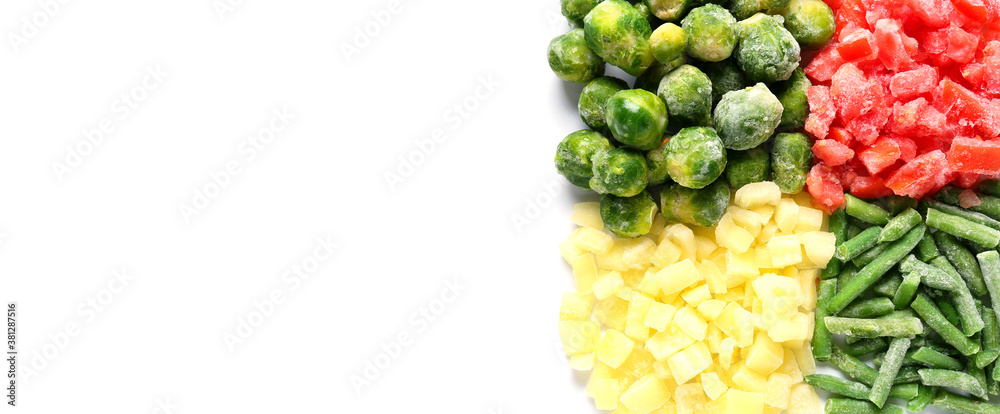 Mix of frozen vegetables on white background