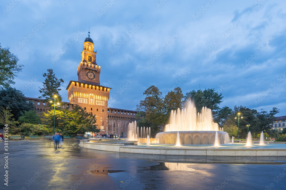 Sforza Castle landmark in Milan, Italy at night