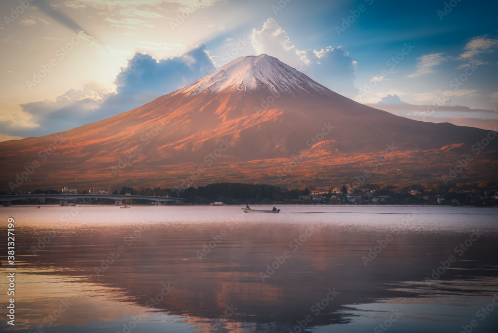 Mt. Fuji over Lake Kawaguchiko at sunset in Fujikawaguchiko, Japan.