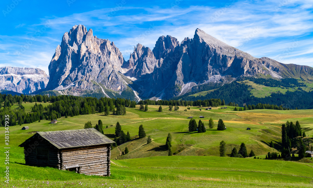 Seceda Mountains at sunset in the Dolomites, Trentino Alto Adige, Val di Funes Valley, South Tyrol i