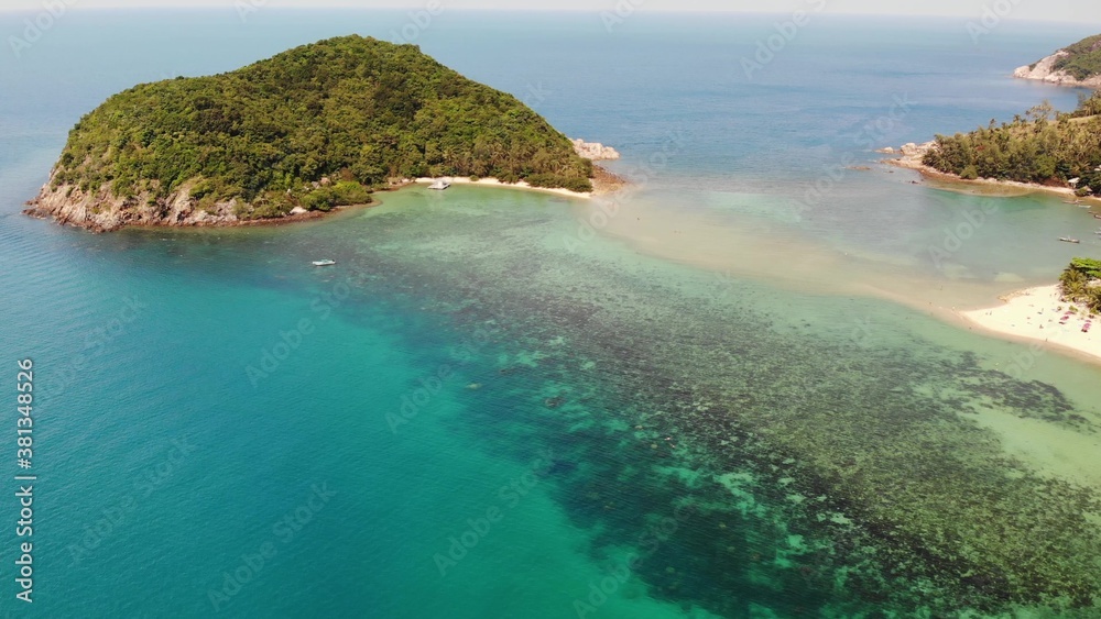 Aerial drone view small Koh Ma island, Ko Phangan Thailand. Exotic coast panoramic landscape, Mae Ha