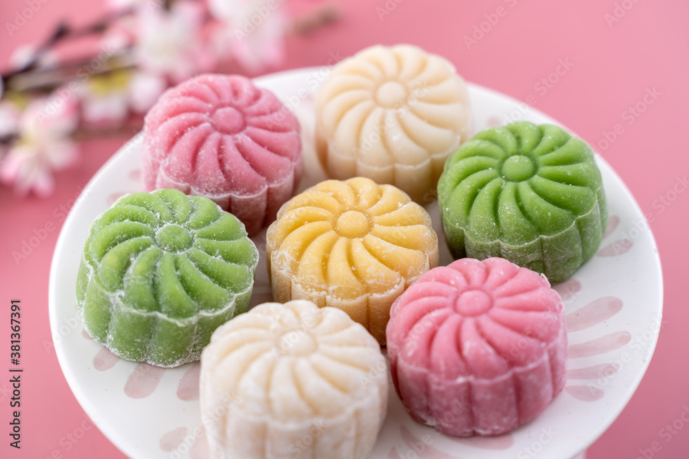 Colorful snow skin moon cake, sweet snowy mooncake, traditional savory dessert for Mid-Autumn Festiv