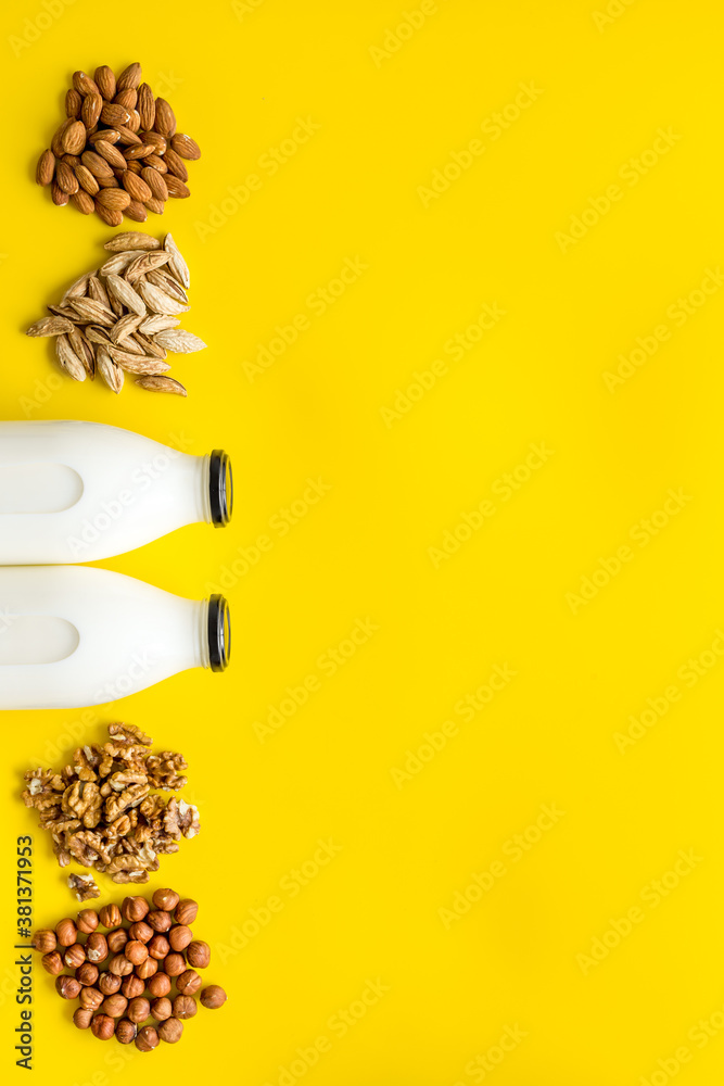 Vegan alternative nuts milk in bottles. Above view