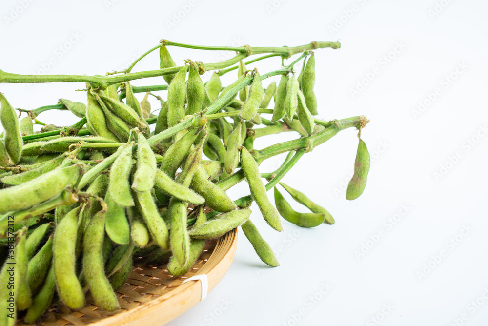 Fresh edamame on white background