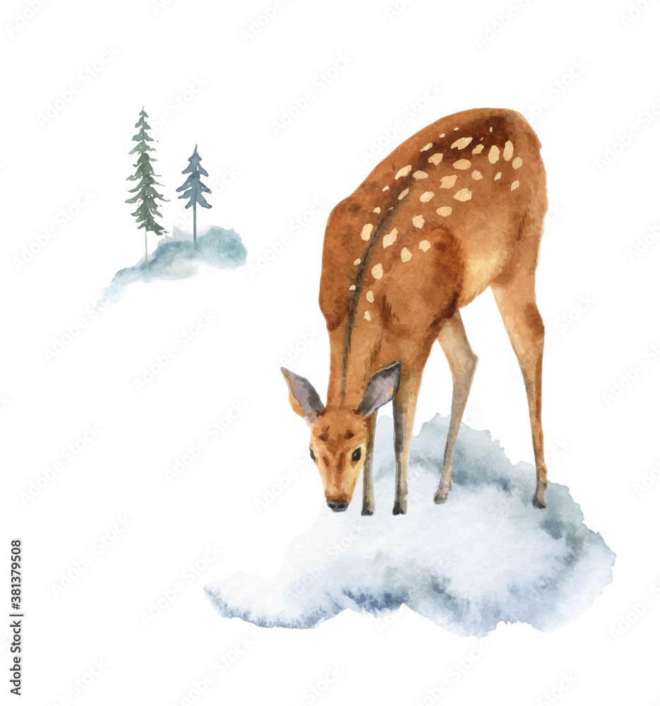 Watercolor vector Christmas card with deer and landscape.