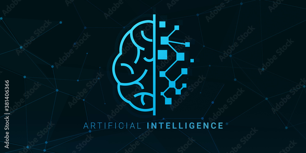 Artificial Intelligence Concept. AI linear symbol of human and robotic brain halves