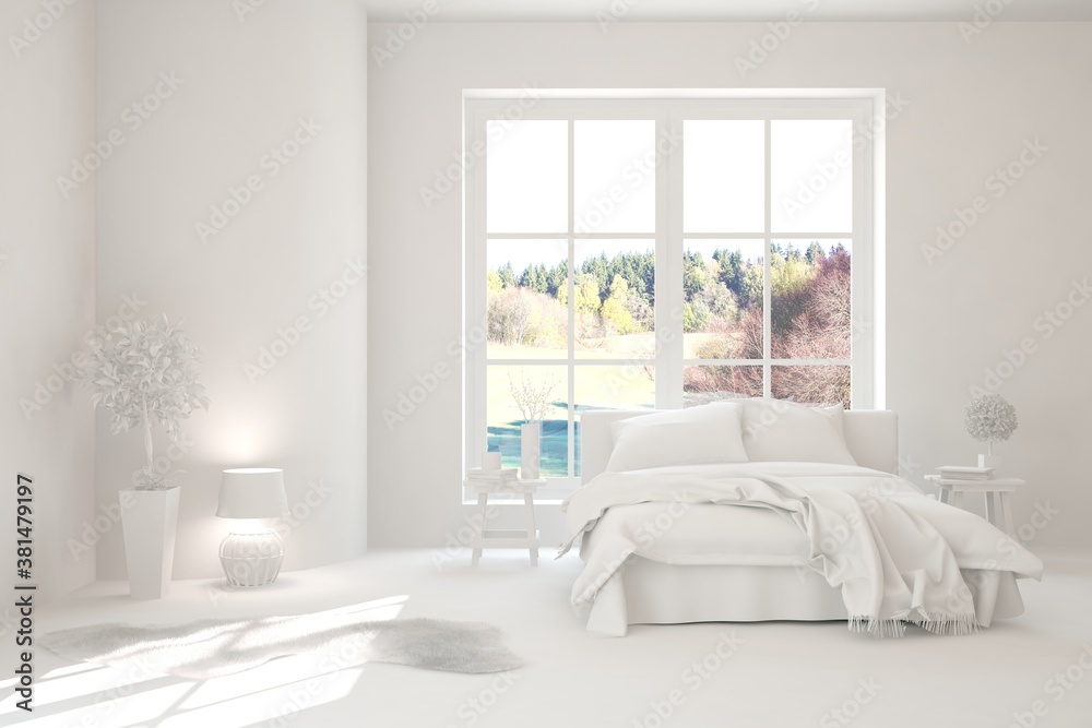 Modern bedroom in white color. Scandinavian interior design. 3D illustration