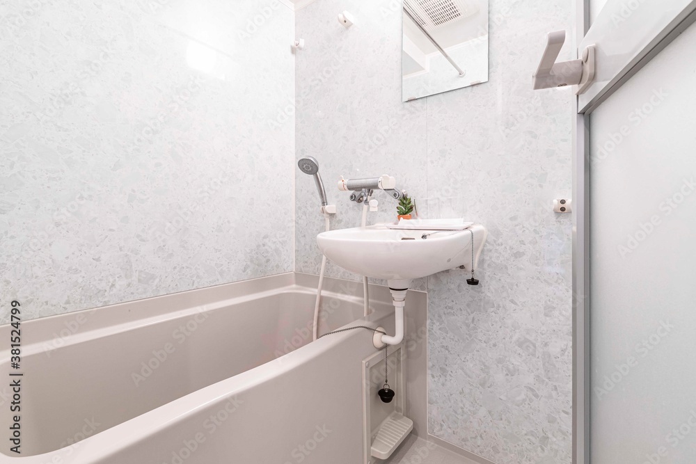 Small bathtub and shower in the bathroom at the hotel.