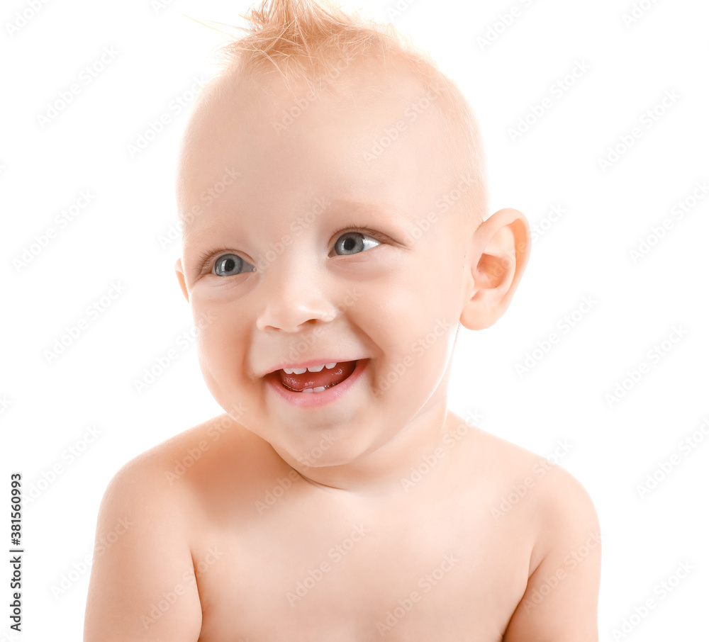 Portrait of cute little baby on white background