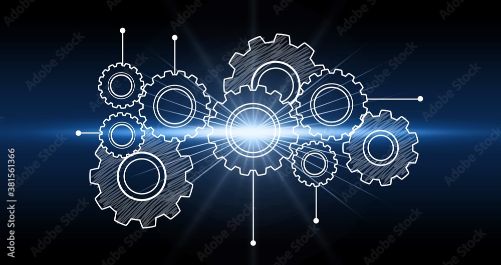 Heap of digital gears on dark background