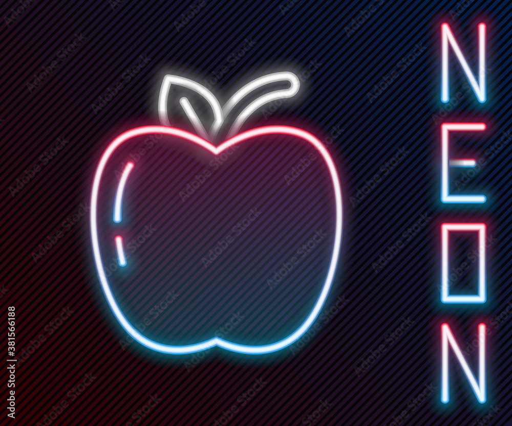 Glowing neon line Apple icon isolated on black background. Fruit with leaf symbol. Colorful outline 