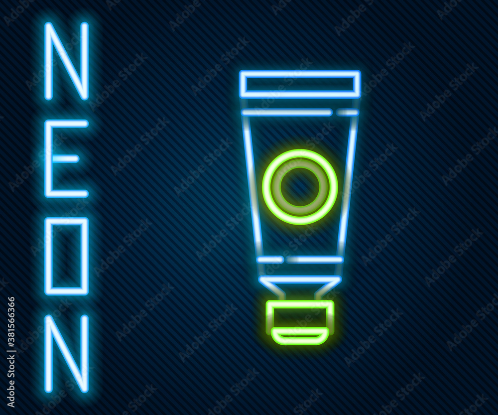 Glowing neon line Tube with paint palette icon isolated on black background. Colorful outline concep