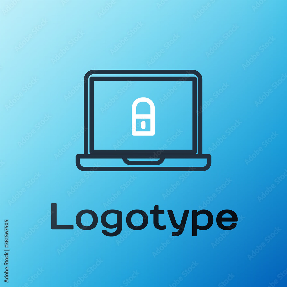 Line Laptop and lock icon isolated on blue background. Computer and padlock. Security, safety, prote