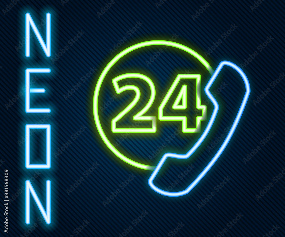 Glowing neon line Telephone 24 hours support icon isolated on black background. All-day customer sup