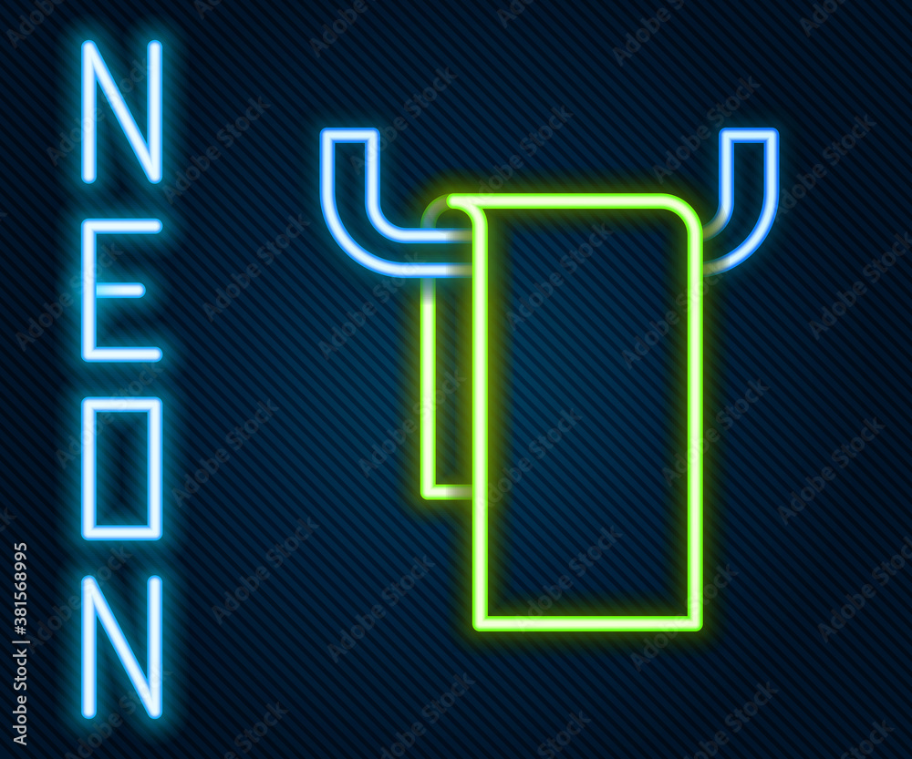 Glowing neon line Towel on a hanger icon isolated on black background. Bathroom towel icon. Colorful