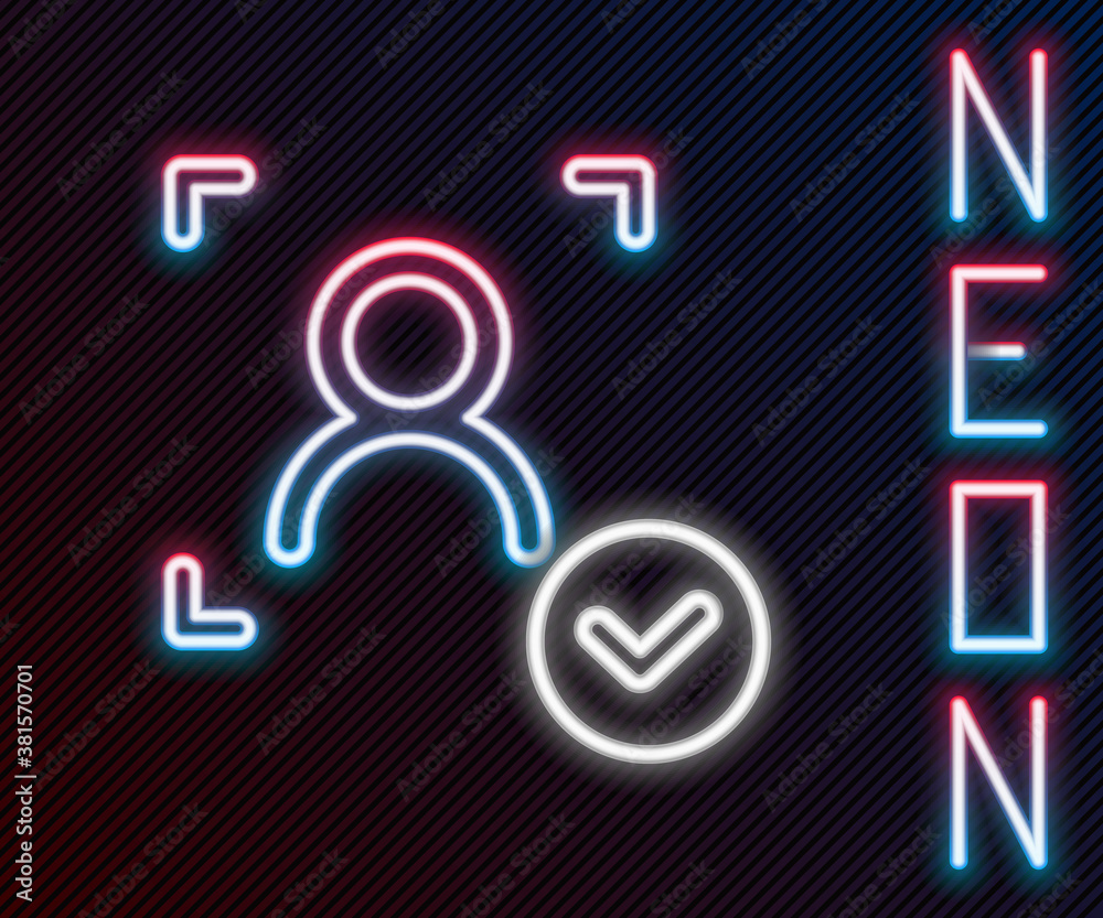 Glowing neon line Face recognition with check mark icon isolated on black background. Face identific