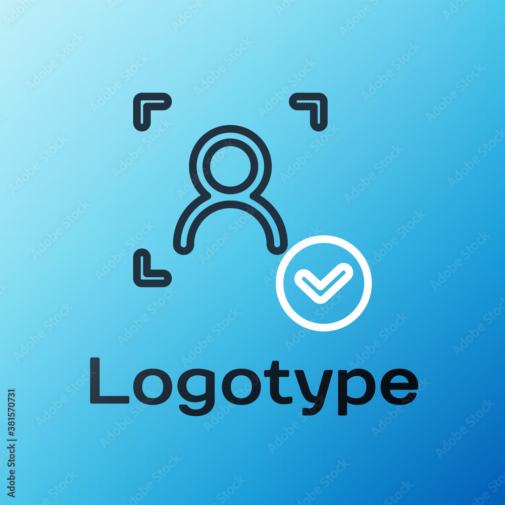 Line Face recognition with check mark icon isolated on blue background. Face identification scanner 