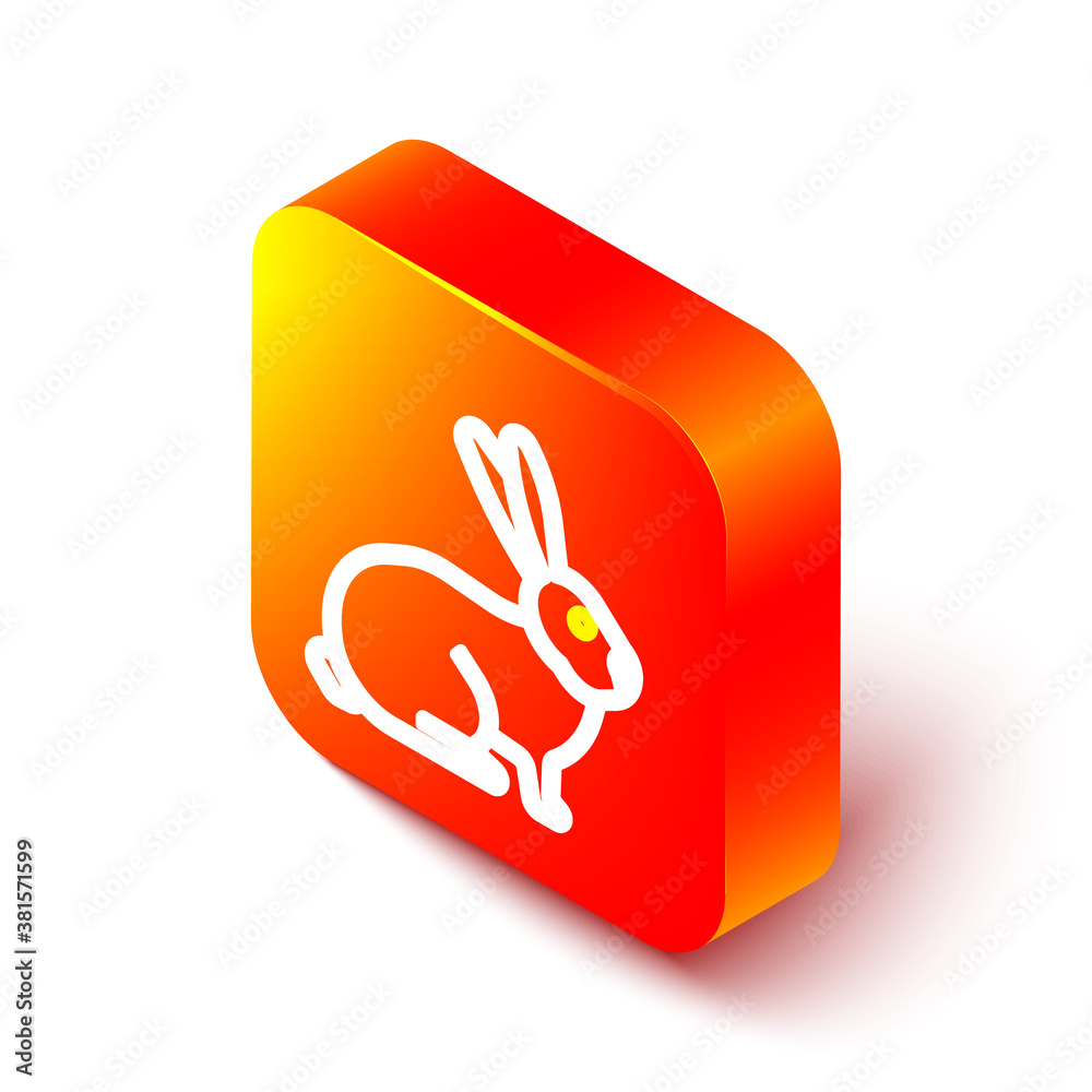 Isometric line Rabbit icon isolated on white background. Orange square button. Vector.