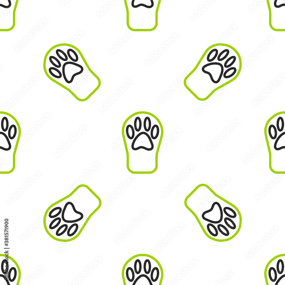 Line Paw print icon isolated seamless pattern on white background. Dog or cat paw print. Animal trac