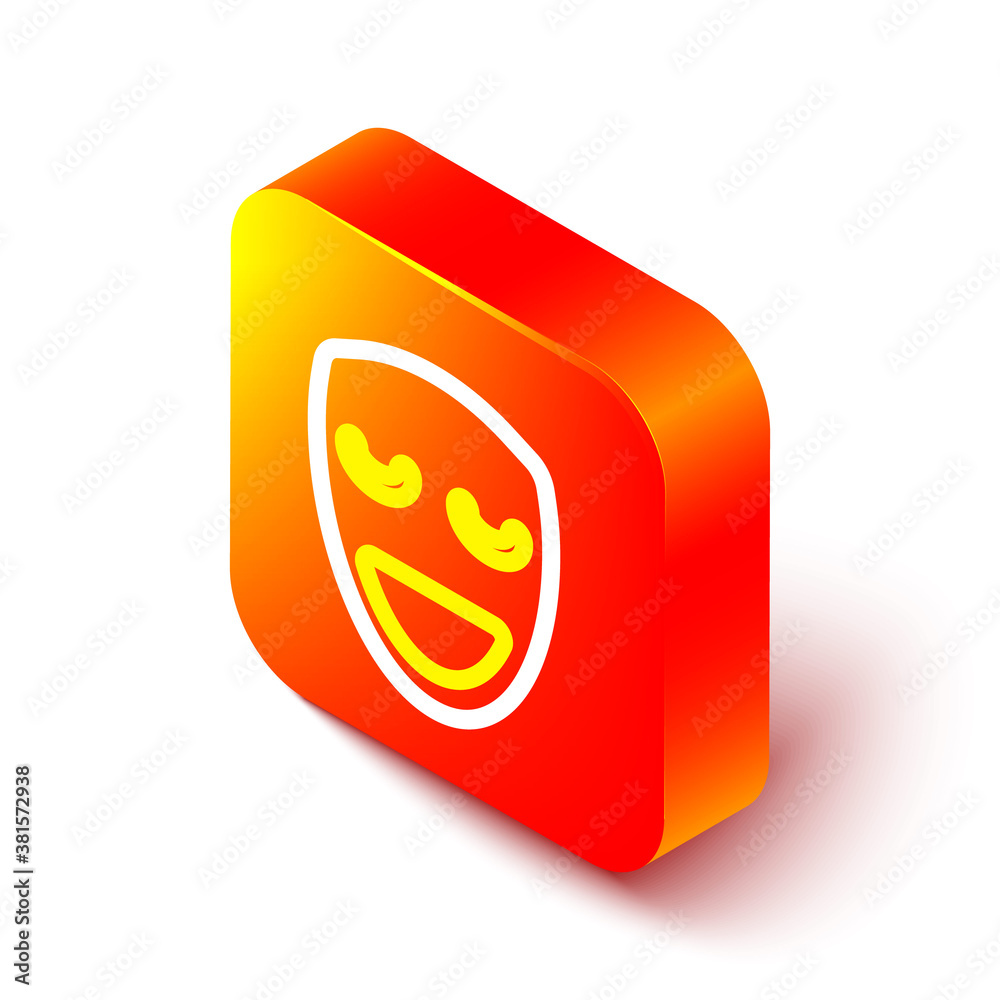 Isometric line Comedy theatrical mask icon isolated on white background. Orange square button. Vecto