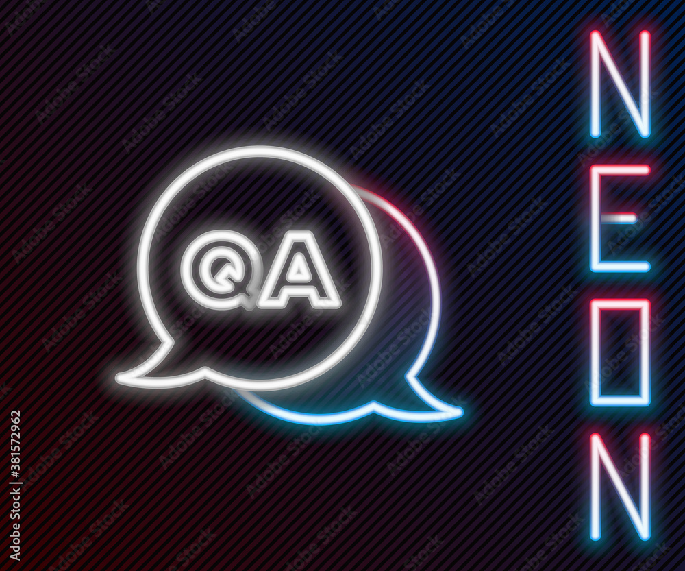 Glowing neon line Speech bubbles with Question and Answer icon isolated on black background. Q and A