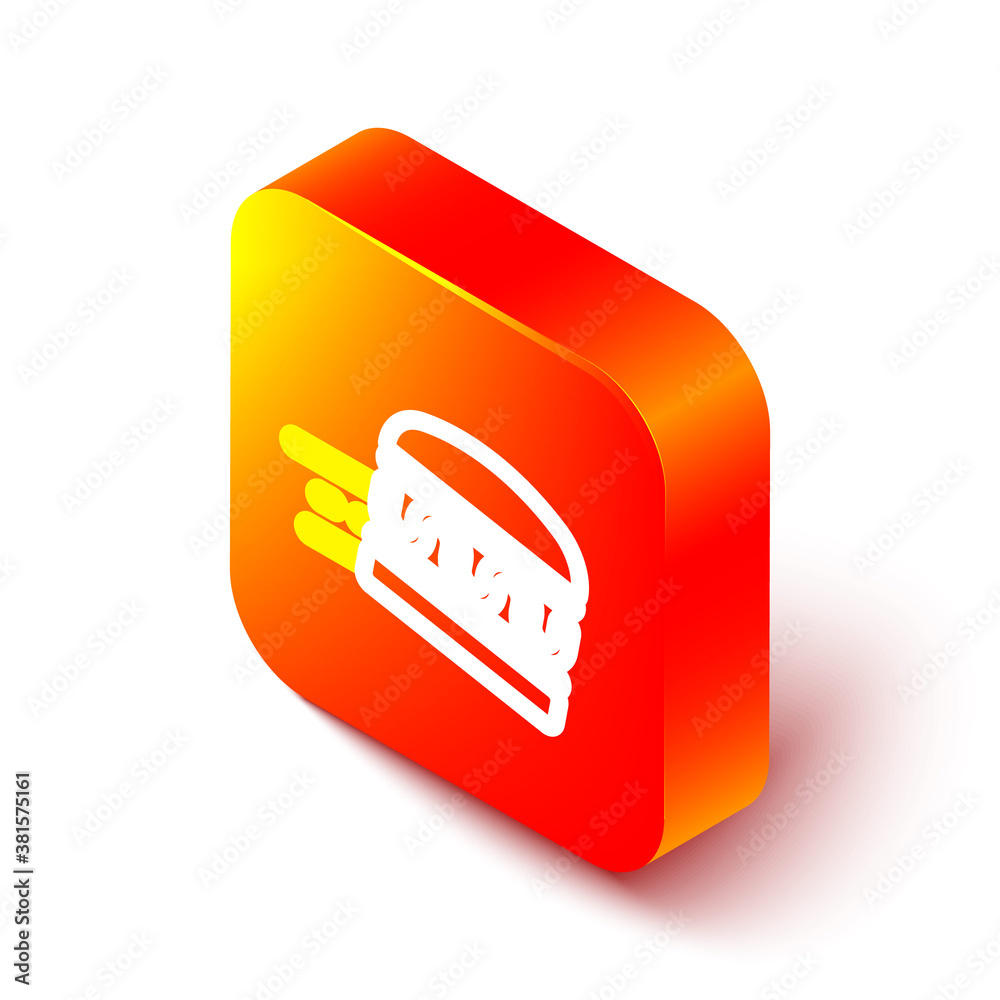 Isometric line Online ordering and burger delivery icon isolated on white background. Orange square 