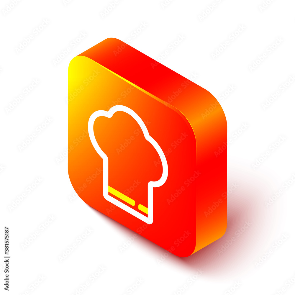 Isometric line Chef hat icon isolated on white background. Cooking symbol. Cooks hat. Orange square 