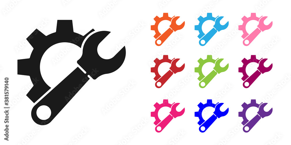 Black Wrench spanner and gear icon isolated on white background. Adjusting, service, setting, mainte