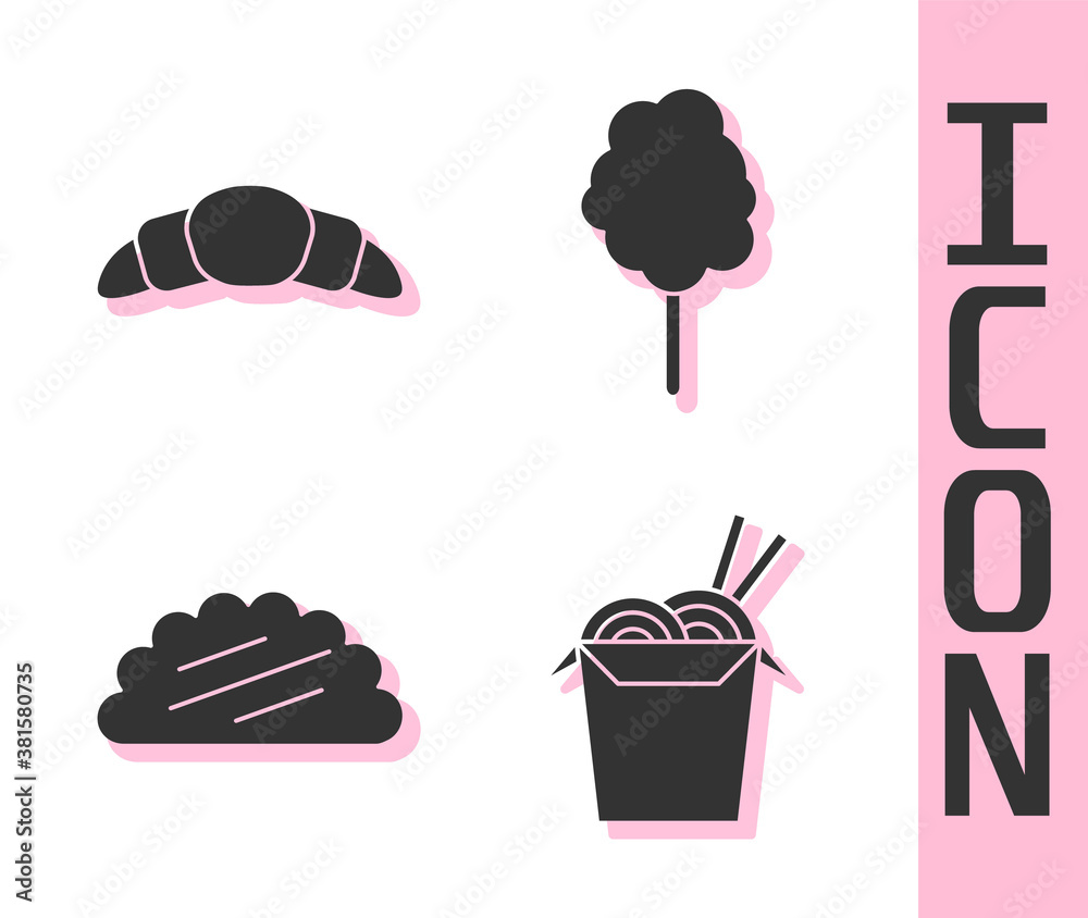 Set Asian noodles and chopsticks, Croissant, Taco with tortilla and Cotton candy icon. Vector.