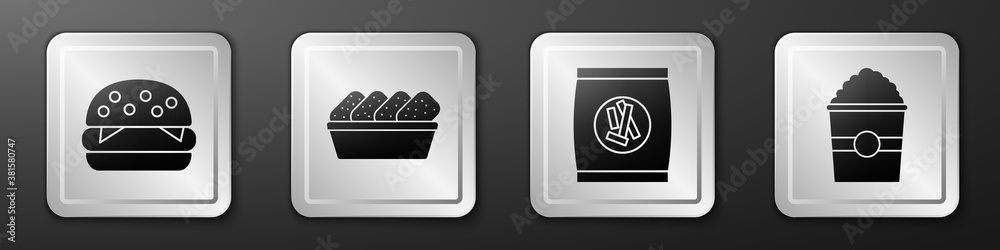 Set Burger, Chicken nuggets in box, Hard bread chucks crackers and Popcorn in box icon. Silver squar