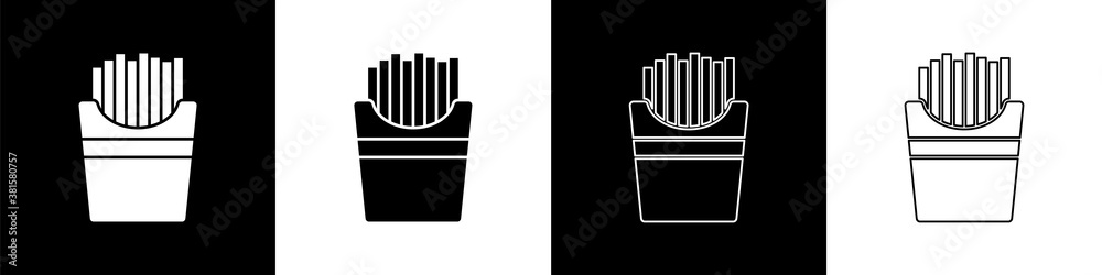 Set Potatoes french fries in carton package box icon isolated on black and white background. Fast fo