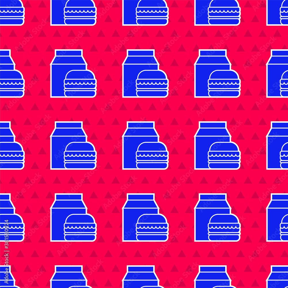 Blue Online ordering and burger delivery icon isolated seamless pattern on red background. Vector Il