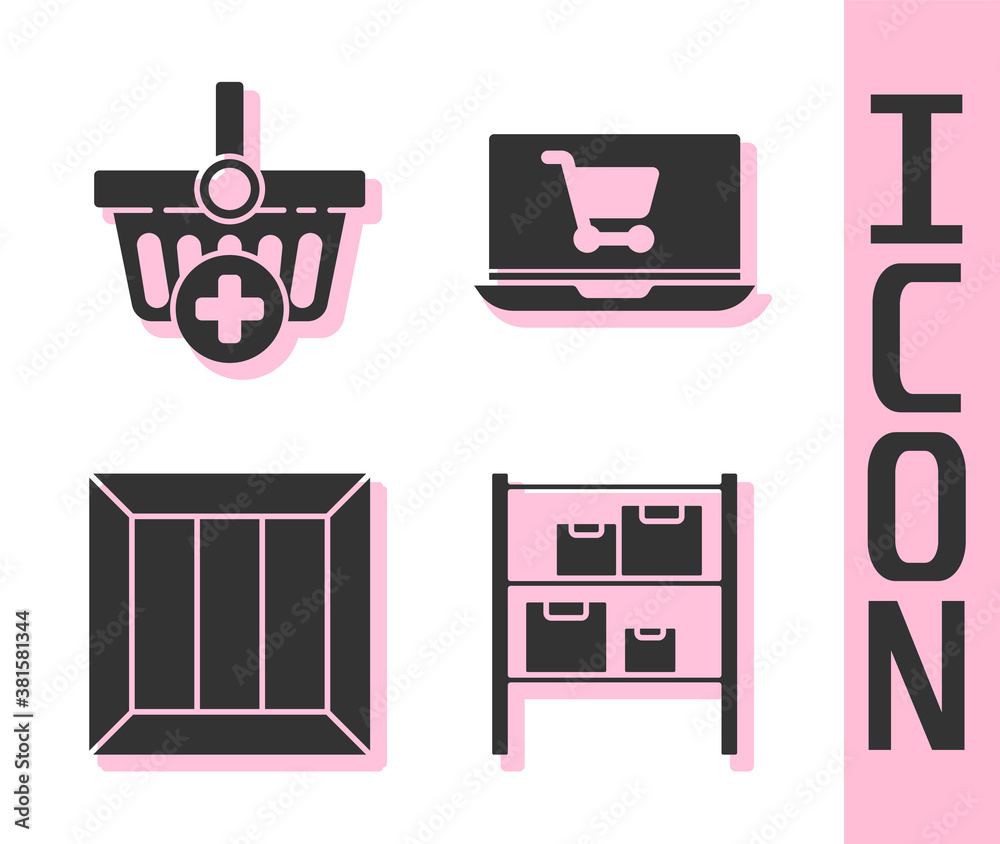 Set Warehouse, Add to Shopping basket, Wooden box and Shopping cart on laptop icon. Vector.