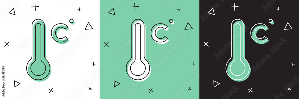 Set Meteorology thermometer measuring icon isolated on white and green, black background. Thermomete