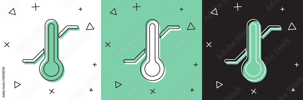 Set Meteorology thermometer measuring icon isolated on white and green, black background. Thermomete