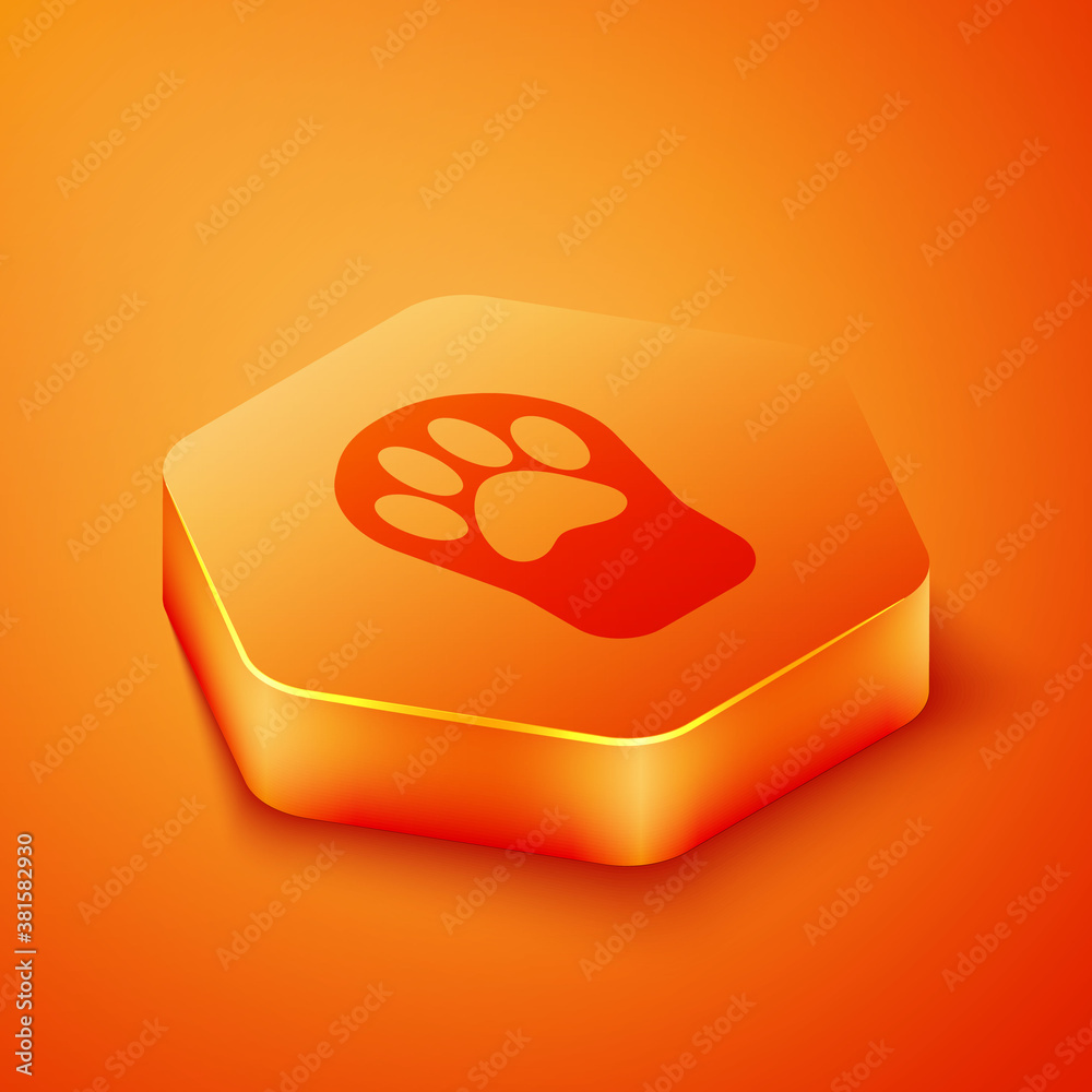 Isometric Paw print icon isolated on orange background. Dog or cat paw print. Animal track. Orange h