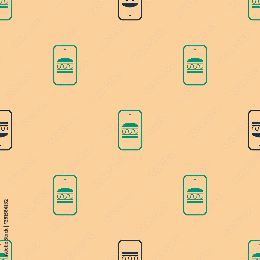 Green and black Online ordering and fast food delivery icon isolated seamless pattern on beige backg