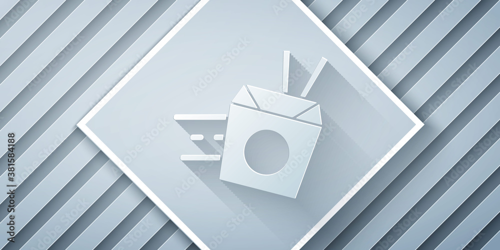 Paper cut Online ordering and noodles delivery icon isolated on grey background. Paper art style. Ve