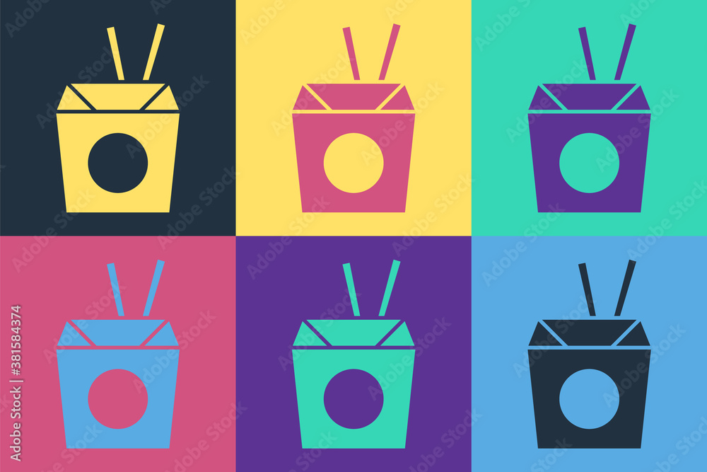 Pop art Asian noodles in paper box and chopsticks icon isolated on color background. Street fast foo