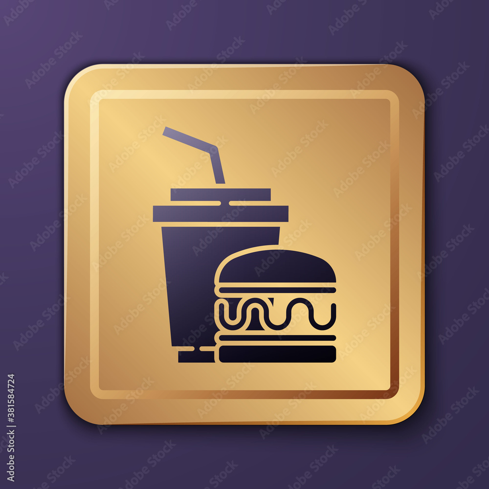 Purple Paper glass with drinking straw and burger icon isolated on purple background. Soda aqua drin