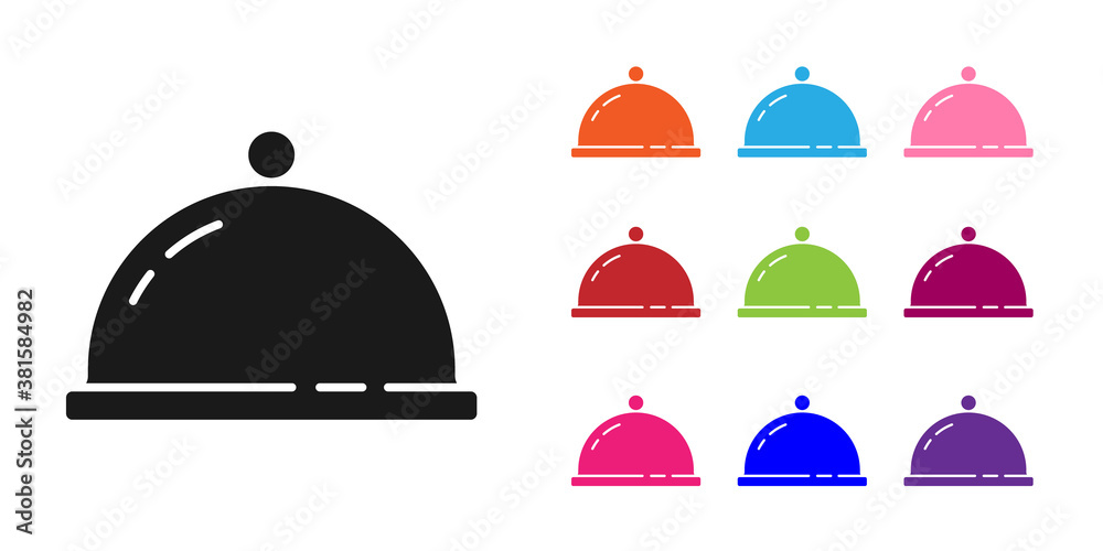 Black Covered with a tray of food icon isolated on white background. Tray and lid sign. Restaurant c