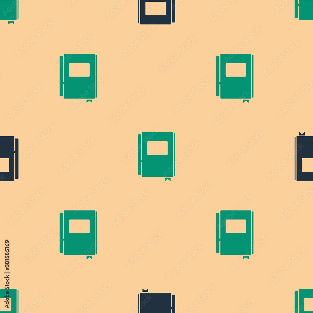 Green and black Book icon isolated seamless pattern on beige background. Vector.