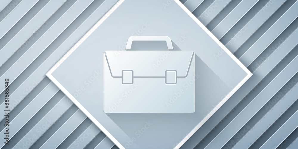 Paper cut Briefcase icon isolated on grey background. Business case sign. Business portfolio. Paper 