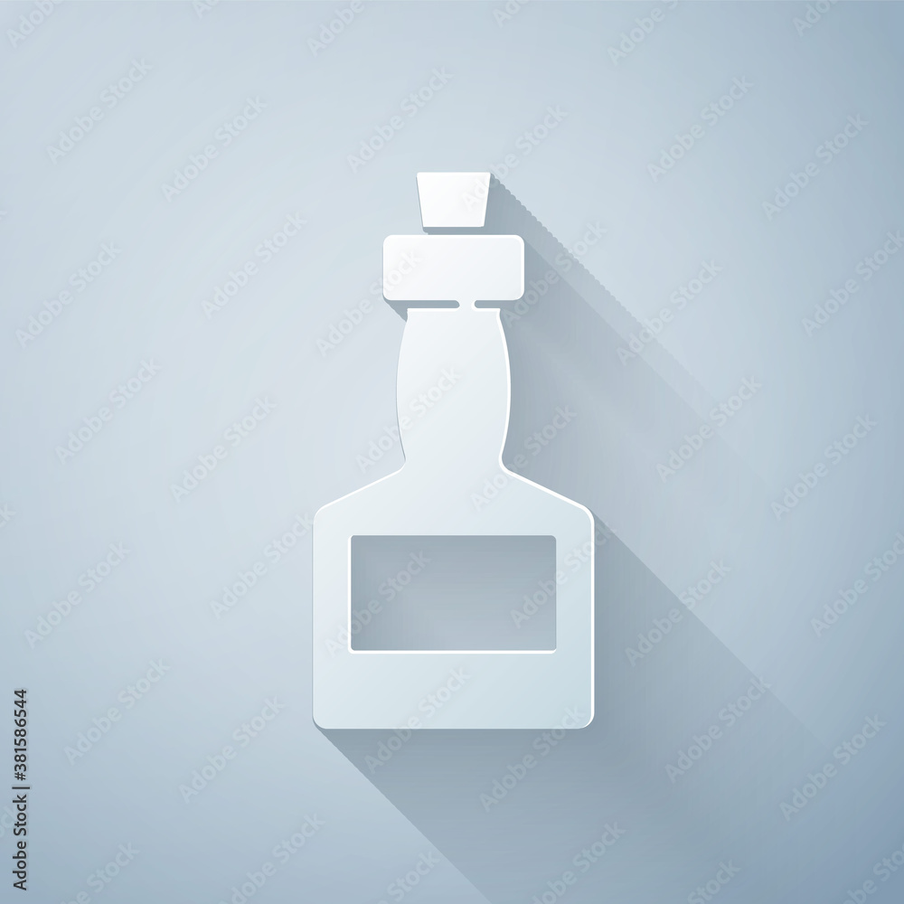 Paper cut Tabasco sauce icon isolated on grey background. Chili cayenne spicy pepper sauce. Paper ar