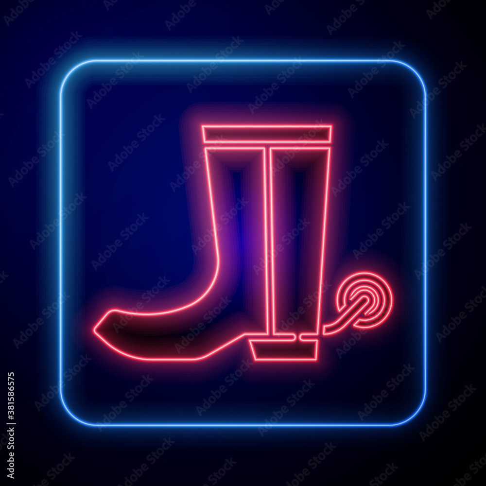 Glowing neon Cowboy boot icon isolated on blue background. Vector.